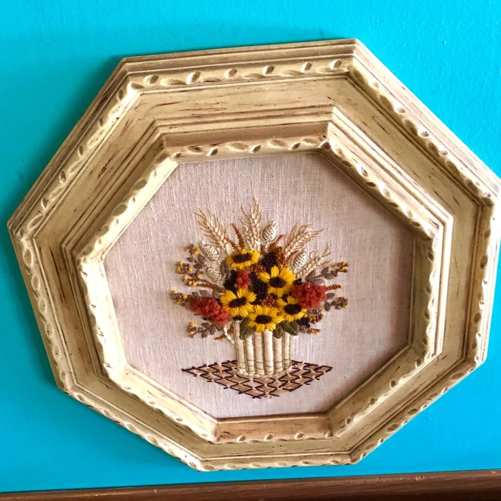 11047 Mid Century Boho Hand Worked Floral Crewelwork in Octagon Ceramic Frame
